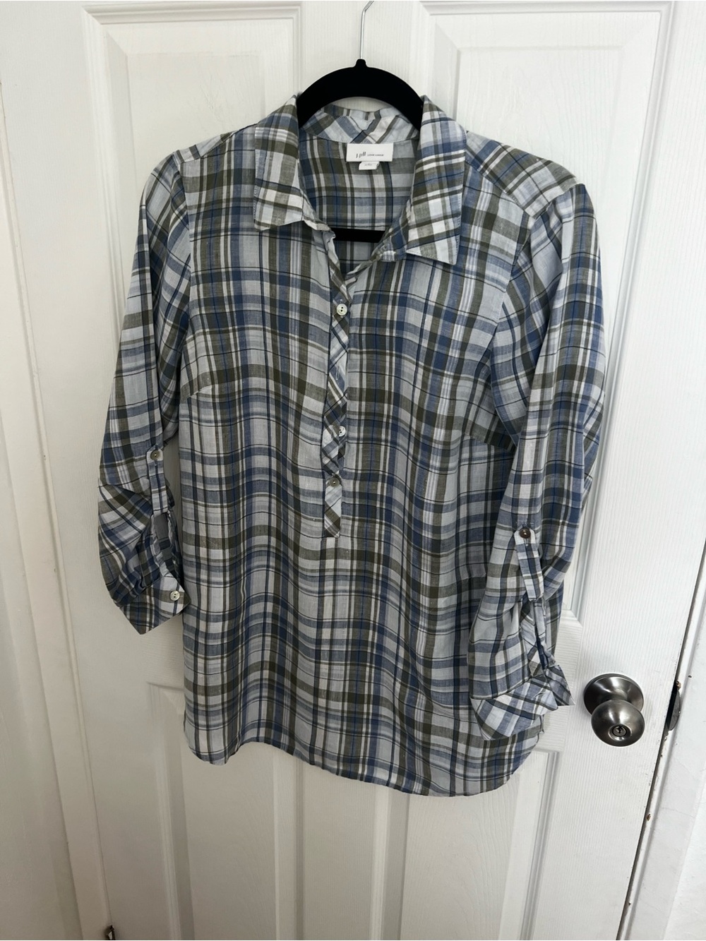 J. Jill Blue Gray Plaid Button-Front Blouse‎